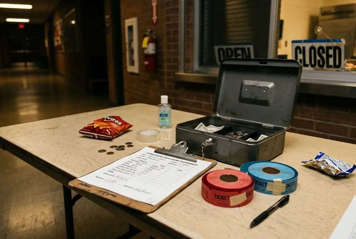Cash box, concession notes, ticket roll, and printed closeout sheet on an event-night desk